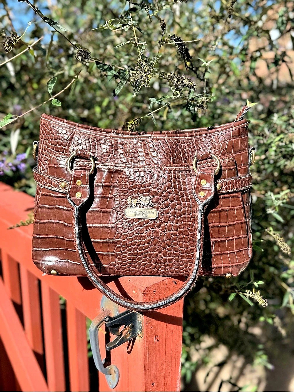 COACH Vintage Y2K Madison Crocodile-Embossed Leather Satchel Tote in Brown